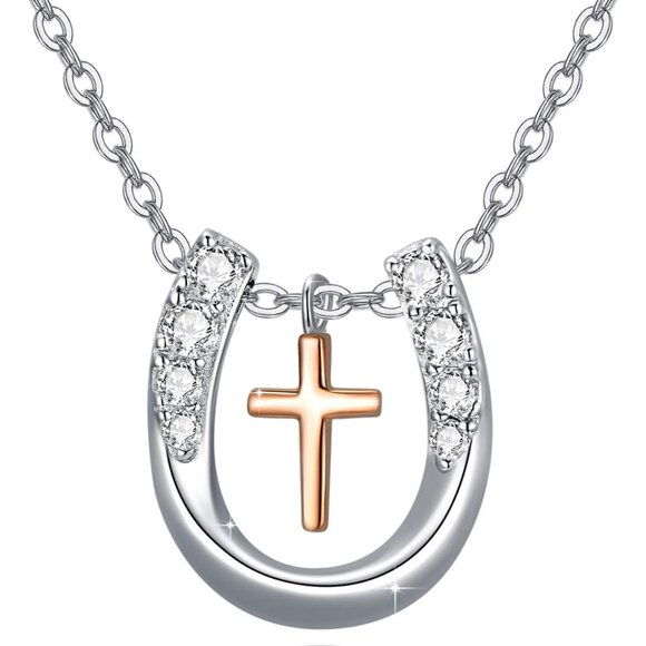 Horse Pendant Necklace Sterling Silver Lucky Horseshoe Heart Gift for Women - Picture 1 of 7